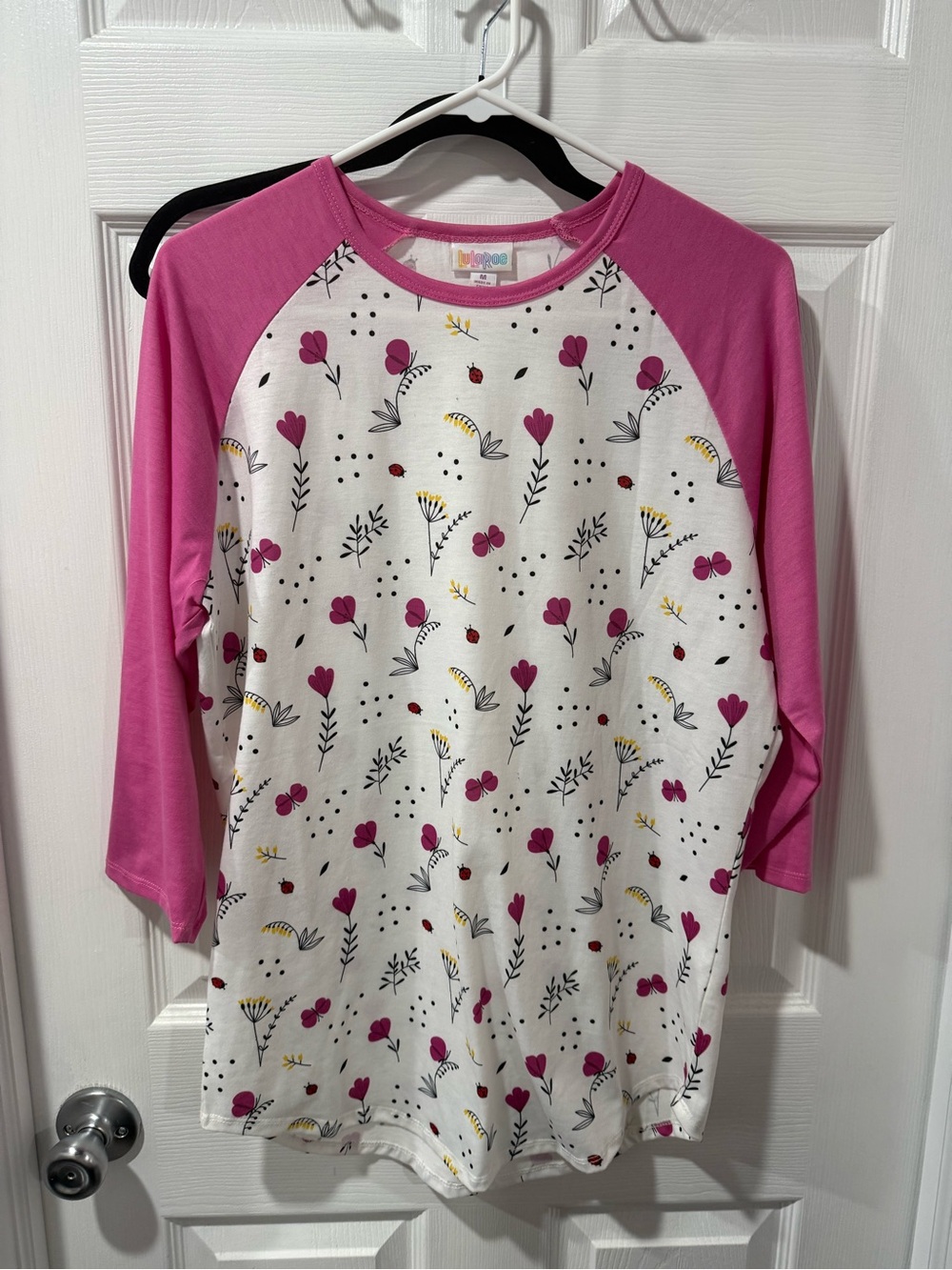 LuLaRoe Randy Baseball White Tee with Pink Trim and Multicolor Logo
